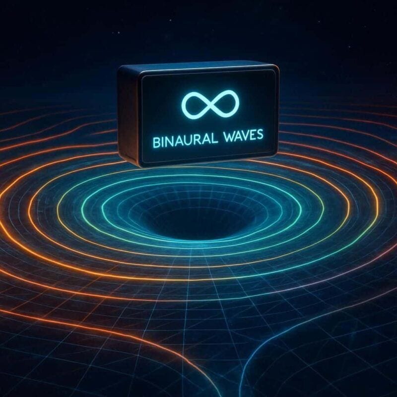 Caja elegante con el texto "Binaural Waves" sobre simulación de fondo de embudo de realidad cuántica